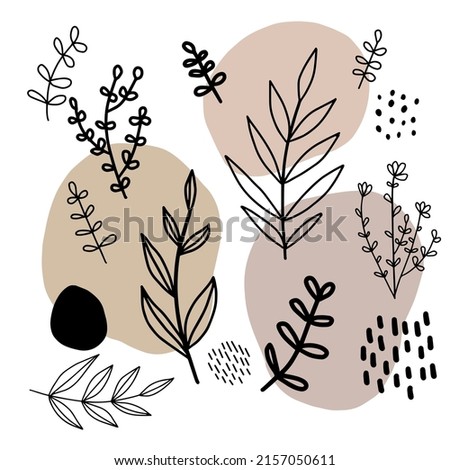 Different hand drawing black leaves, natural design elements for wrapping and eco friendly products promotion. Vector illustration