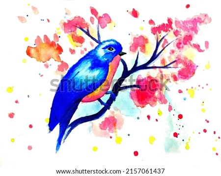 Titmouse on a branch of sakura. Illustration of a bird on a branch with pink flowers. Watercolor technique. Delicate watercolor. Spring mood. Blue. Pink.