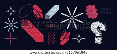 Universal Trendy Geometric Shapes Set With Vector Bitmap Dithering Texture Juxtaposed With Bright Bold Elements Composition. Design Forms For Magazine, Leaflet, Billboard, Sale.