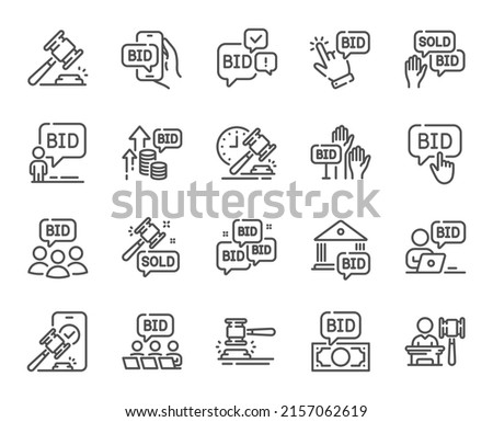 Auction line icons. Deal hammer, bid offer and law justice act set. Judge gawel, vote hand and bid price line icons. Win a lot, online auction and act hammer. Stock exchange deal. Vector Royalty-Free Stock Photo #2157062619