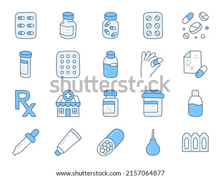 Pharmacy doodle illustration including icons - pills bottle, capsules, pipette, tablets blister, vitamin, contraceptives and supplements. Thin line art about drug store. Blue Color, Editable Stroke Royalty-Free Stock Photo #2157064877