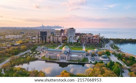 A mesmerizing aerial view of the sunset sky over May at Hyde Park, Chicago Royalty-Free Stock Photo #2157068953