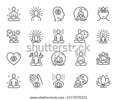 Yoga meditation line icons. Body balance, person relax and energy meditation set. Mind harmony, health meditate and self concentrate line icons. Listen relax sound, yoga mind therapy. Vector Royalty-Free Stock Photo #2157070331