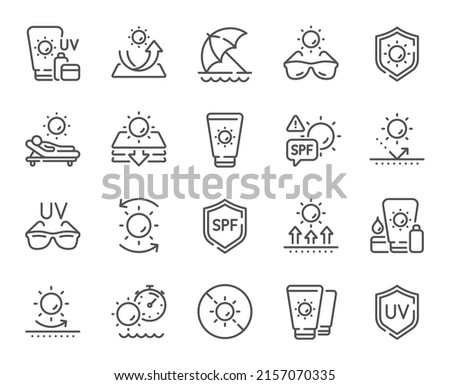 Sun protection line icons. Sunscreen, beach lounger and umbrella set. Summer sunbed, sunblock cream and uv sunglasses line icons. Spf protection, skin care lotion and beach sunscreen. Vector