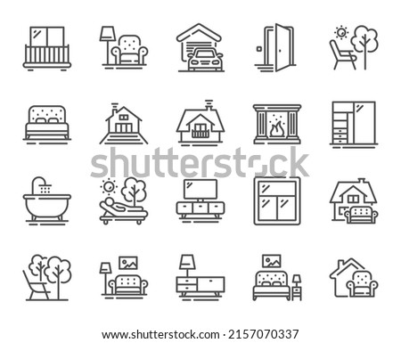Furniture line icons. Balcony, house terrace and garden deckchair set. Home furniture, bath tub and fireplace line icons. Resort terrace and balcony, outdoor chair. Sliding wardrobe. Vector Royalty-Free Stock Photo #2157070337
