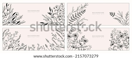 Set of botanical bakground, floral branch and leaves. Vintage foliage for wedding invitation, wall art or card template. Minimal line art drawing. Vector illustration