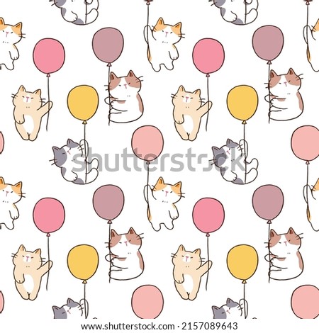 Seamless Pattern of Cartoon Cat with Balloon Design on White Background