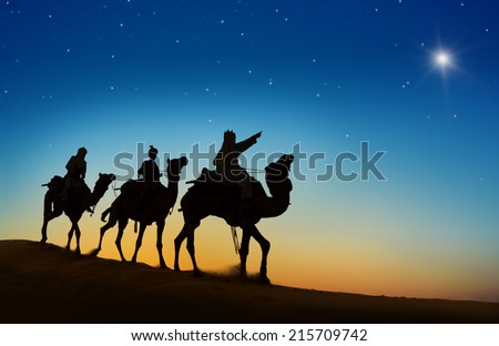 Three kings looking at the star Royalty-Free Stock Photo #215709742