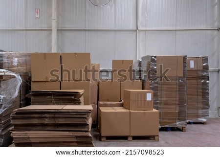 Large Retail Warehouse With Goods In Cardboard Boxes And Packages. Logistics, Sorting and Distribution Facility for More Product Delivery. Front View