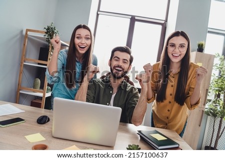 Photo of happy excited assistants successful project modern technology indoors workplace workshop Royalty-Free Stock Photo #2157100637
