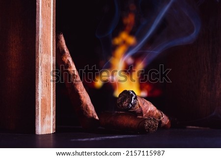 Cigars resting on a dark surface with a lit cigar that produces smoke on a wooden frame and in the background the flames of the fireplace in a luxury atmosphere