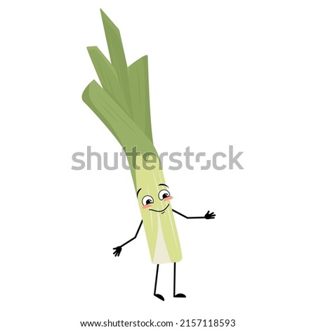 Cute green leek character with joyful emotions, happy face, smile eyes, arms and legs. Healthy vegetable with funny expression and posture, rich in vitamins. Vector flat illustration Royalty-Free Stock Photo #2157118593