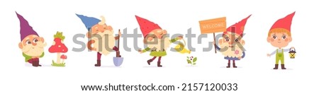 Cute garden gnomes set vector illustration. Cartoon collection of male small fairytale figurines standing with watering pot and shovel, cheerful dwarf with welcome sign and lantern isolated on white Royalty-Free Stock Photo #2157120033