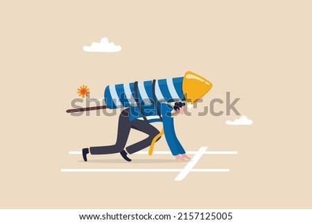Game changer, advantage or skill to boost fast or changer career or business to win competition, motivation, agility or innovation concept, businessman prepare to start running with ignite firework. Royalty-Free Stock Photo #2157125005