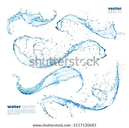 Isolated blue water waves splash and flow shapes with drops. Vector liquid transparent splashing fluids with droplets, realistic 3d fresh drink elements, clear aqua falling or pour with air bubbles Royalty-Free Stock Photo #2157130683