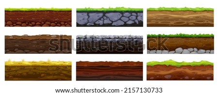 Soil, ground and underground layers, cartoon seamless game levels. Vector natural land textures cross section view with dirt, pebbles and green grass. Textured soli surface background, ui design Royalty-Free Stock Photo #2157130733