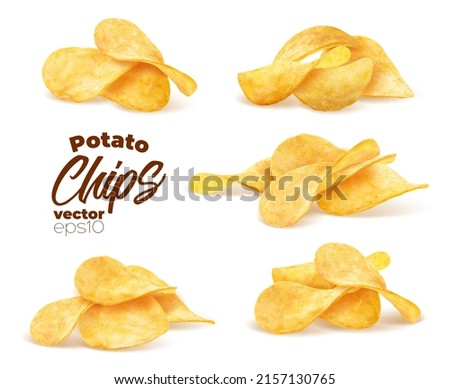 Crispy potato chips stack, pile and heap, realistic 3D vector with crunchy wavy snack pieces bunches. Isolated chips for advertising, package or promo ads, delicious food, ripple meal Royalty-Free Stock Photo #2157130765
