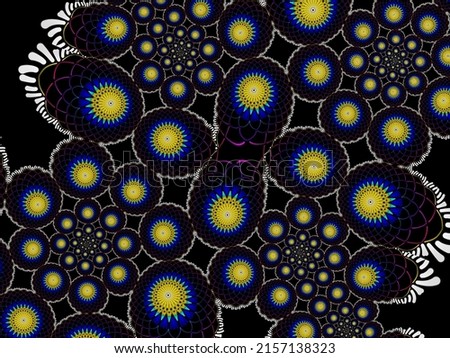 A hand drawing pattern made of yellow white turquoise and blue on a black background