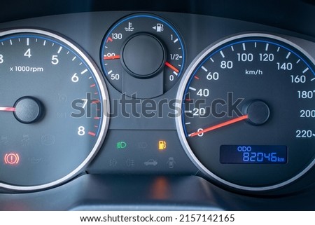 Fuel car gauge empty. Petrol tank meter car indicator on dashboard. Low gasoline level. Empty fuel gas gauge