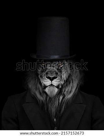A grayscale portrait of a formidable lion in a suit and a hat Royalty-Free Stock Photo #2157152673