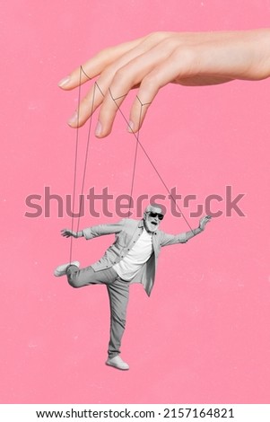 Vertical creative collage of aged person black white filter hanging manipulated arm isolated on pink color background Royalty-Free Stock Photo #2157164821