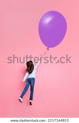 Full size back view collage photo of young lovely little girl follow her dream hold huge violet balloon isolated on pink color background