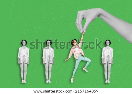 Collage image of funny black white person palm choosing young beautiful lady from people mob isolated green color background