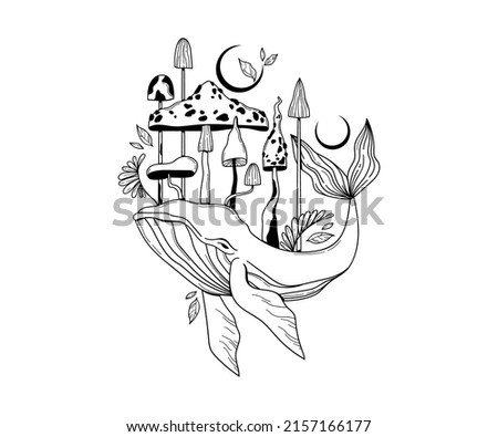 Mystical space whale and magic mushrooms isolated clip art, hand drawn mysterious composition with celestial animal, moon and poisonous fungi on white background, vector image
