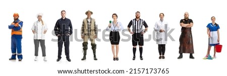 Group of gender mixed people with different professions, jobs standing isolated on white background. Models in image of builder, cook, fisherman, doctor, policeman and housemaid. Flyer, collage