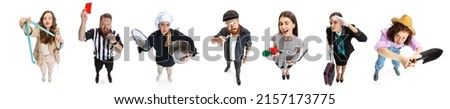 High angle view of group of men and women of different professions, jobs standing and looking up isolated on white background. Concept of art, career, diversity. Flyer, collage Royalty-Free Stock Photo #2157173775