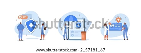 
Health insurance illustration set. Doctor offering medical insurance policy contract. Patient holding insurance ID card. Medicine and healthcare concept. Vector illustration.