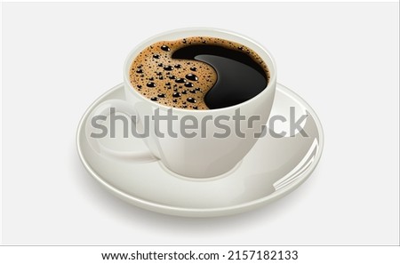 Cup of coffee on a white background. Vector illustration of a realistic cup with black coffee standing on a saucer. Sketch for creativity.