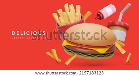Banner with 3d realistic render burger and coffee cup, fries potatoes, ketchup isolated on red background. Vector illustration Royalty-Free Stock Photo #2157183123