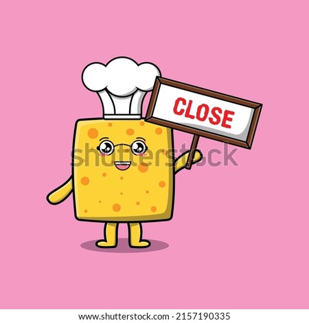 Cute cartoon cheese chef character holding close sign designs in concept 3d cartoon style