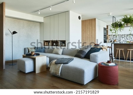 Stylish living room interior design with grey sofa, pouf and personal accessories. Dining space and kitchen on the background. Creative walls with woode pannels. Minimalistic style, plant love conce