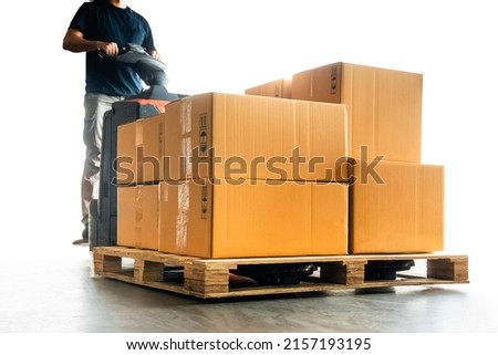 Workers Driving Forklift Pallet Jack Unloading Packaging Boxes on Pallet. Cardboard Boxes. Shipping Supplies Warehouse. Shipment Boxes. Storehouse. Cargo Warehouse Logistics.	
 Royalty-Free Stock Photo #2157193195