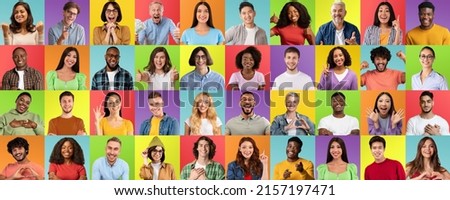Headshot of positive young and mature multicultural people make signs with hands, isolated on colorful background, studio, panorama, free space. Facial expressions, ad, victory, gesture and database