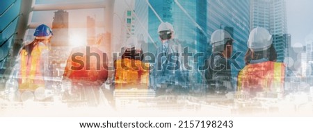 Double exposure manager engineer professional team,stand back view on construction building,city landscape background,site construction engineering project,duty in work site,panaromic header banner  Royalty-Free Stock Photo #2157198243