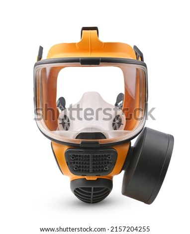 Orange gas mask, Chemical protective mask single filter isolated on white background Royalty-Free Stock Photo #2157204255