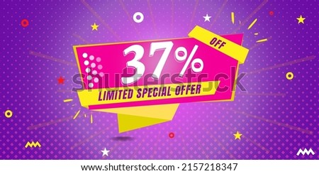 37% off limited special offer. Banner with thirty seven percent discount on a purple background with yellow square and pink