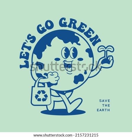 Vintage nostalgia cartoon earth globe holding tree seedling and recycle bag. Environment friendly or recycling concept illustration. Simple retro cartoon character for poster, banner, graphic print.