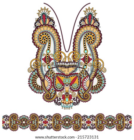 Neckline ornate floral paisley embroidery fashion design, ukrainian ethnic style. Good design for print clothes or shirt. Vector illustration