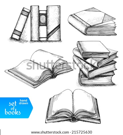 Books set. Opened and closed books, books on the shelf, stacked books and single book isolated on white background. 