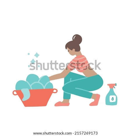 Woman Hand Washing Her Clothes and Doing Laundry squatting. Home people activity. Vector Flat hand drawn illustration.