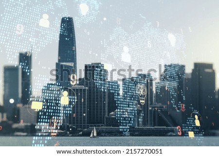 Double exposure of social network icons hologram and world map on San Francisco city skyscrapers background. Marketing and promotion concept
