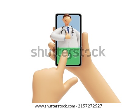 3d rendering. Video call with doctor, online consultation. Thumb up like gesture. Cartoon character hands hold mobile phone device. Medical clip art isolated on white background
