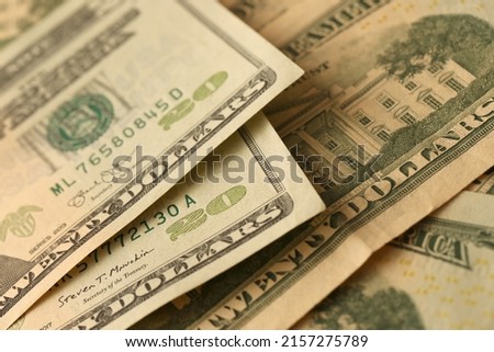 Big amount of old 20 dollar bills details on macro photography. Money earnings, payday or tax paying period concept