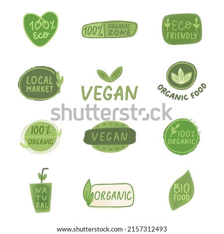 Eco fiendly, bio product. Organic certified icon set. Vegan healthy food logo. Farm fresh label. Nature vegetarian badge. Circle tag. Green leaf emblem. Quality symbol.Gluten free.Vector illustration.
