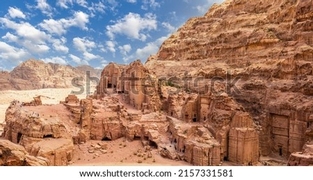 View to the ancient Nabataean Royal tombs and street of Facades, Petra, Jordan Royalty-Free Stock Photo #2157331581