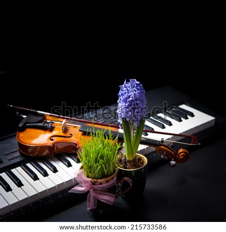 Musical background with spring flowers